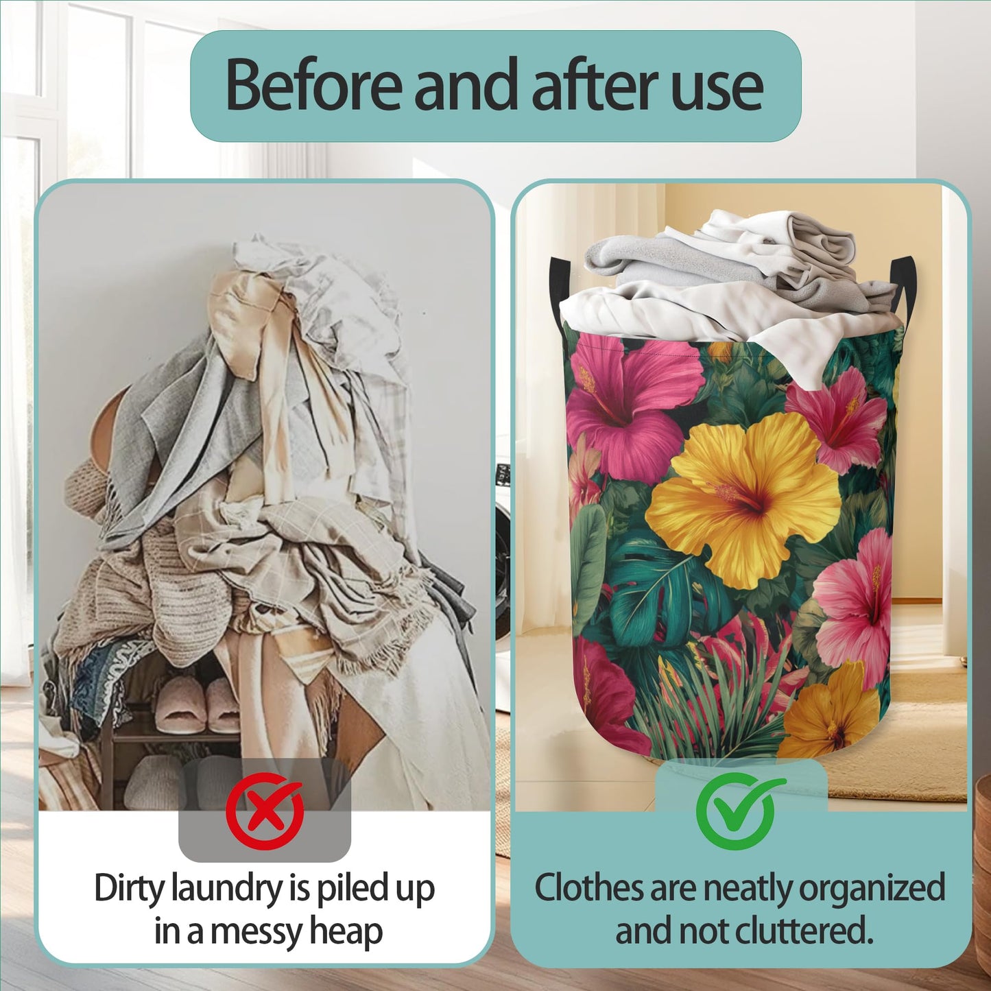 Laundry Hamper Foldable Oxford Cloth Tropical Flower Laundry Basket With Handle Portable Clothes Storage Organizer Basket Storage Bag For Laundry Room/Bedroom/Bathroom