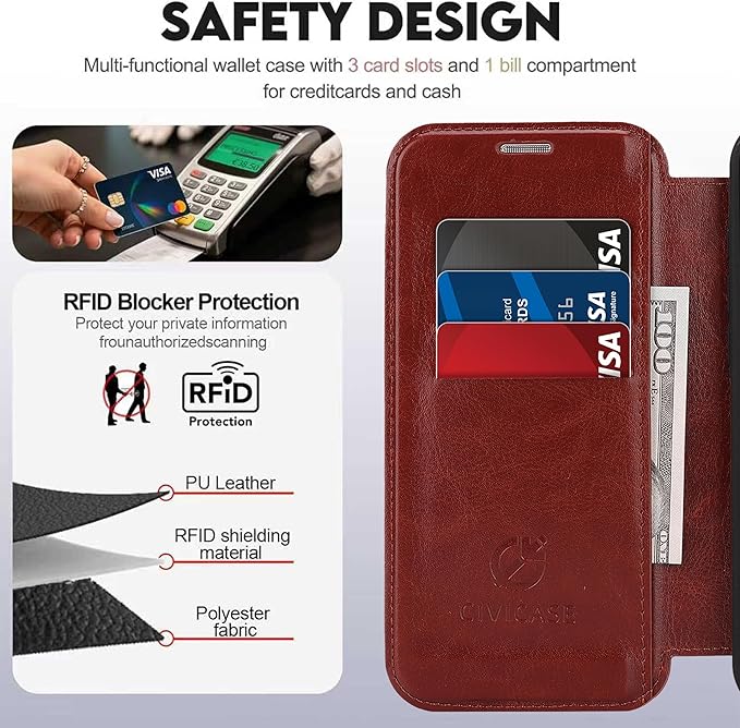 CIVICASE for iPhone Air Wallet Case with Stand,PU Leather Flip Credit Card Holder Slots (RFID Blocking),Compatible with Magsafe Magnetic Holder Phone Cover Women Men,Dark Brown
