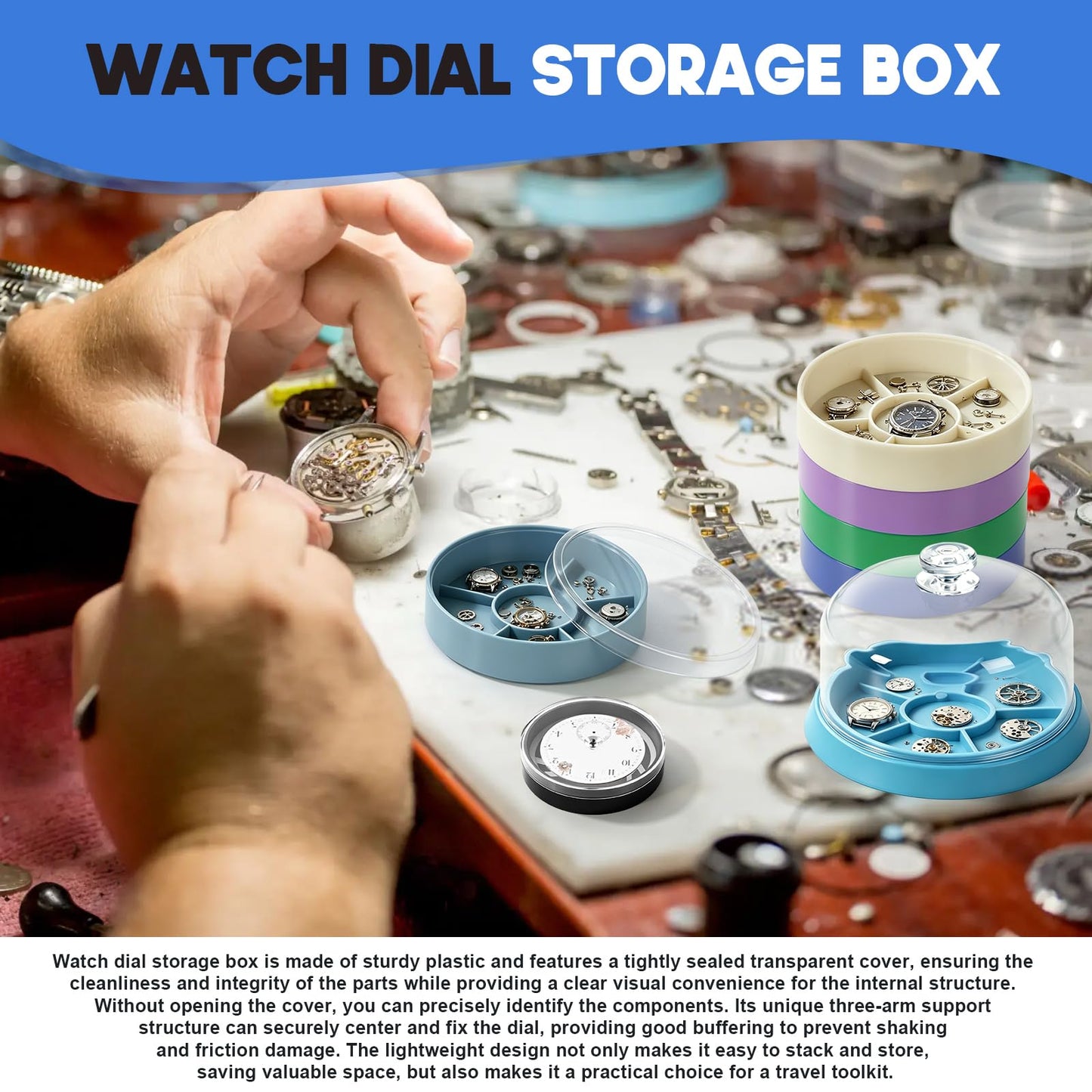 stufool 4 Pcs Watch Parts Organizer Kit with Movement Dust Cover, Parts Storage Box, Dial Storage Box, Air Blower Dust Blaster for Watch Repair