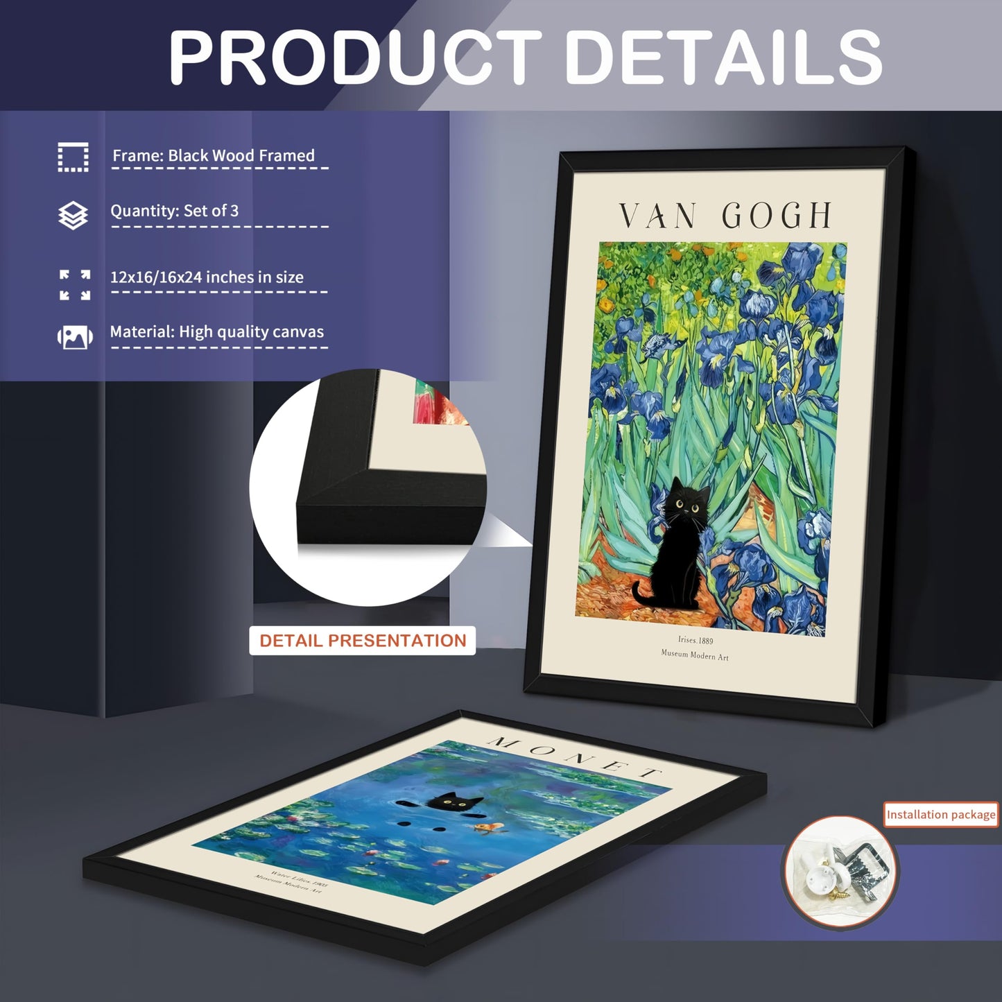 Wood Framed Monet Wall Art Set of 3 - Van Gogh Black Cat Flower Field Canvas Paintings Prints, Matisse Abstract Black Cat Aesthetic Pictures for Room Bedroom Living Room Bathroom 12x16 in