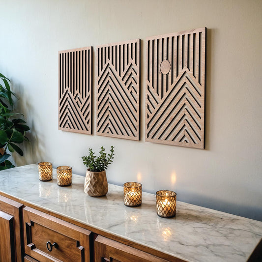 qmmp Modern Wooden Wall Sculptures - Set of 3 - Home Decor Accent - Large Wall Art for Living Room, Bedroom, Office - Easy Installation (Oak, Medium - Mountain and Sun)