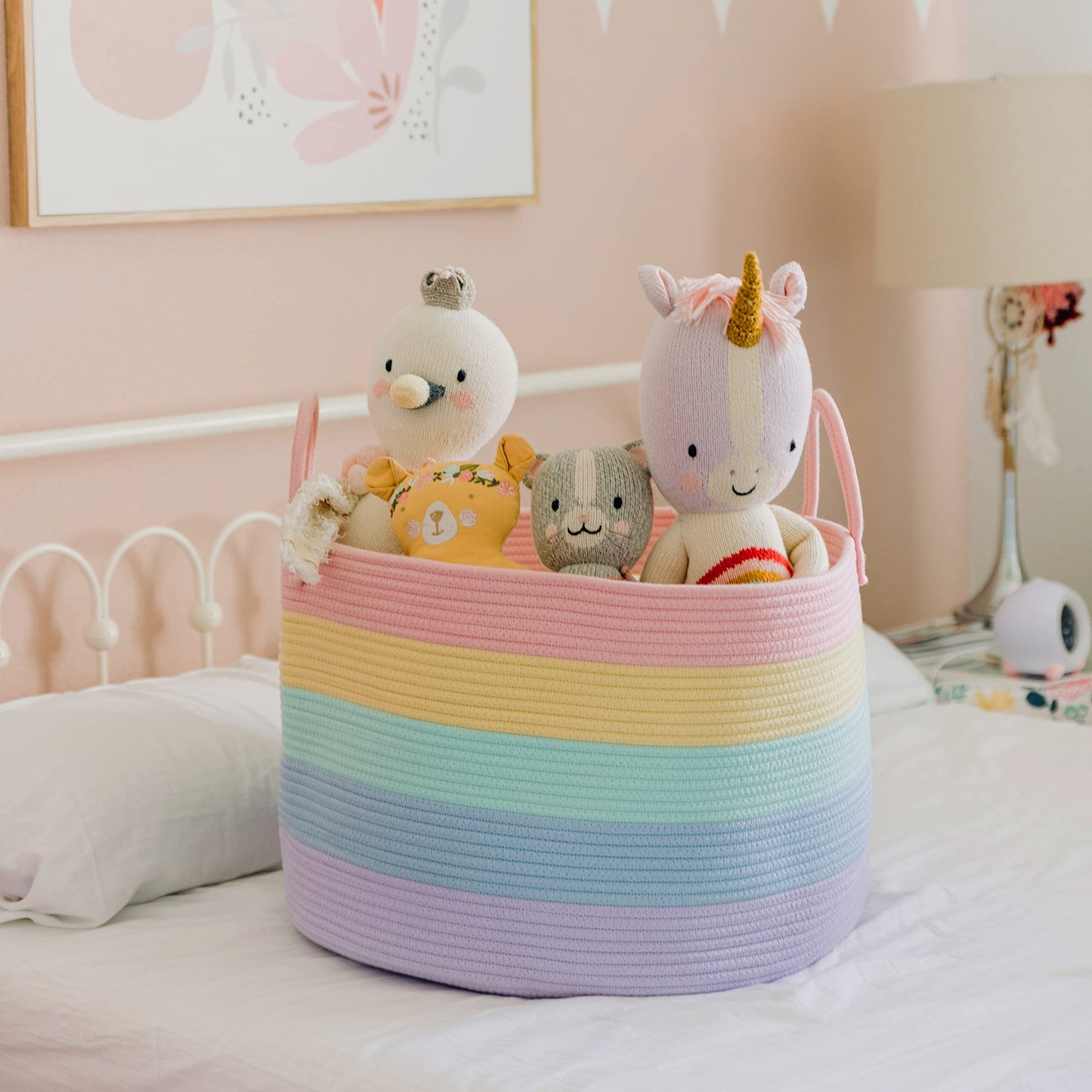 OrganiHaus Rainbow Toy Basket & Blanket Storage Bin, Nursery 20x13"
