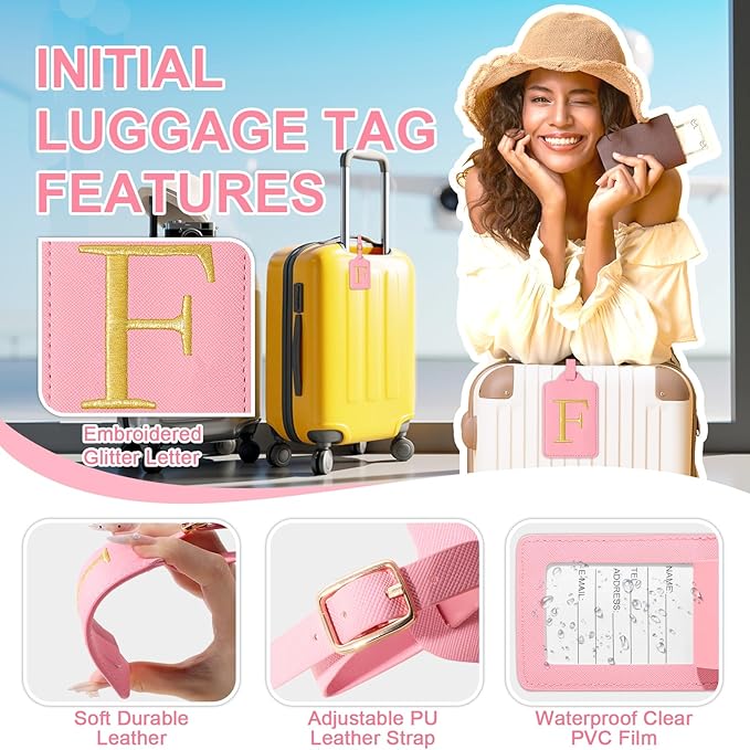 Personalized Initial Luggage Tags for Suitcase, Pink Leather Cute Luggage Tags with Privacy Cover Name Card, Embroidered Custom Monogrammed Luggage Tag Travel Bag Baggage Tags Gifts for Women Kids(F)