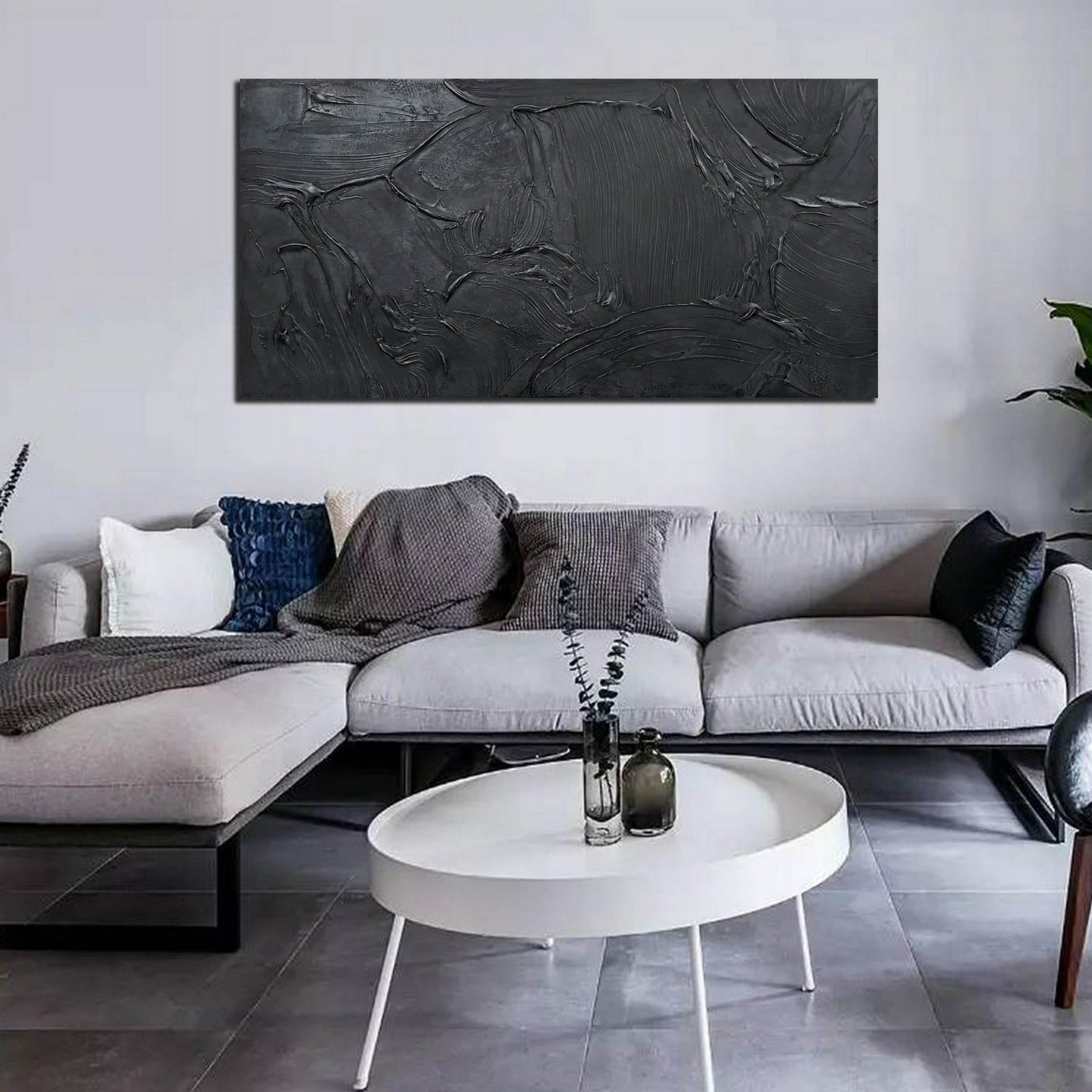 HUBOSKN Abstract Art Pictures for Wall in Living Room - Minimalist Wall Art for Teen Boys Bedroom - Black Hand Painted Wall Art for Office Size 24" x 47"