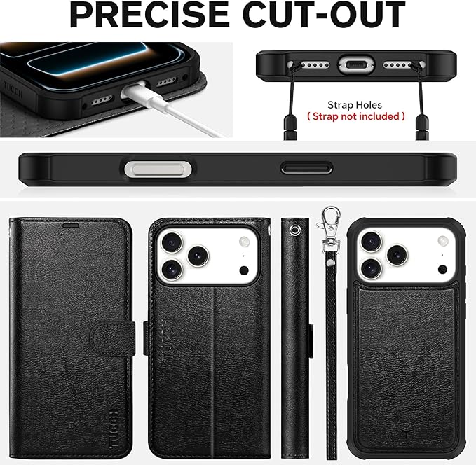 TUCCH Detachable Case Wallet for iPhone 17 Pro Max (6.9") 2025, Removable Wrist Strap, Wireless Charging, Stand, 4 Card Slots RFID Blocking, 2-in-1 Magnetic, PU Leather Flip Cover, Textured Black