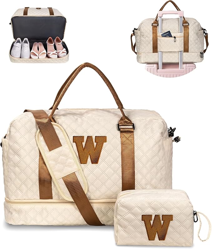 Vogewood Personalized Initial Duffle Travel Bag, Monogram Weekender Overnight Bag for Women with Wet Pocket and Shoulder Strap, Female Travel Bag with Makeup Bag Gift (Letter W)