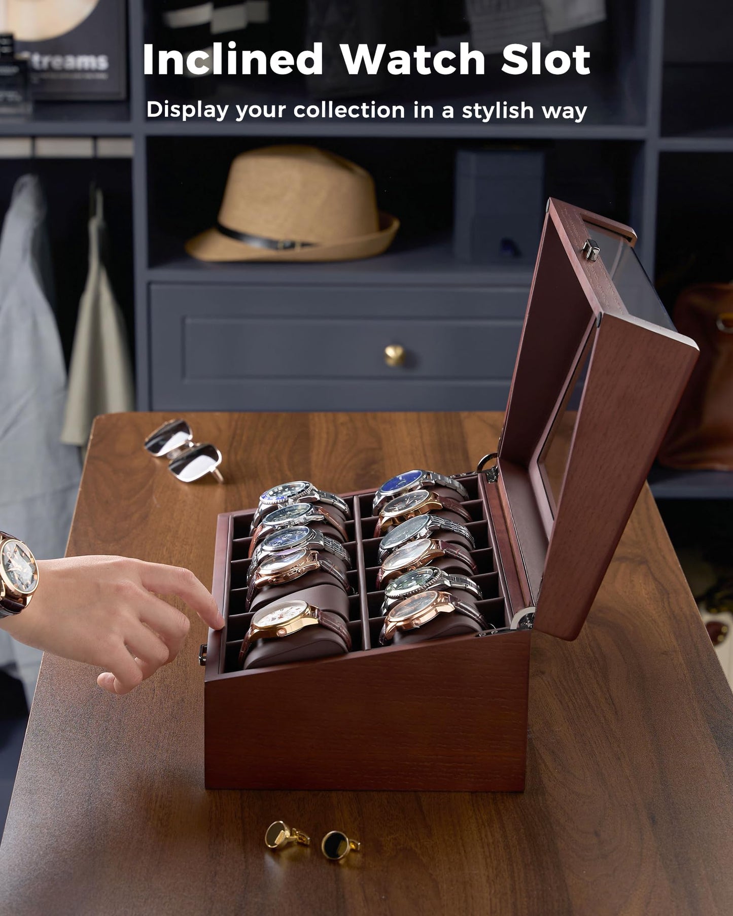 ProCase High End Wooden Watch Box for Men, 2-Layer Wood Watch Display Case Men's Jewelry Organizer Box with Drawer, Fathers Day Gift -12 Slot, Walnut