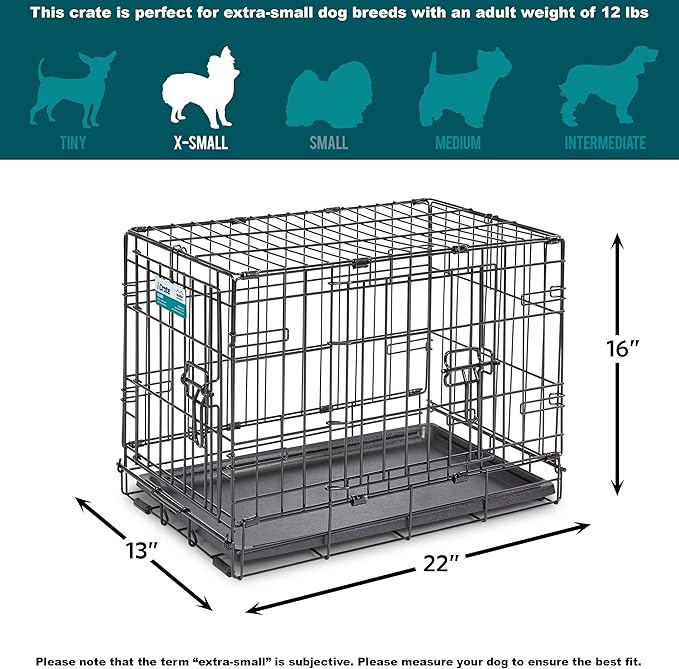 MidWest Homes for Pets 22-Inch Two-Door iCrate Folding Dog Crate with Divider Panel, Leak-Proof Tray & Secure Latches – Metal Wire Kennel for XS Breeds – Portable, Durable & Easy to Assemble
