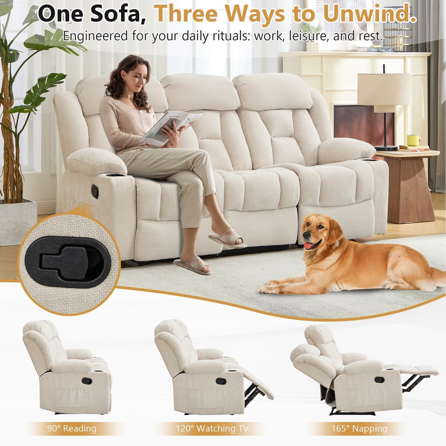 ANJ Manual Recliner Sofa,Chenille Fabric Reclining 3-Seat Living Room Furniture Sets with Cup Holders,Side Pocket,Wall-Hugger Design for Living Room Home Theater Bedroom RV,Beige