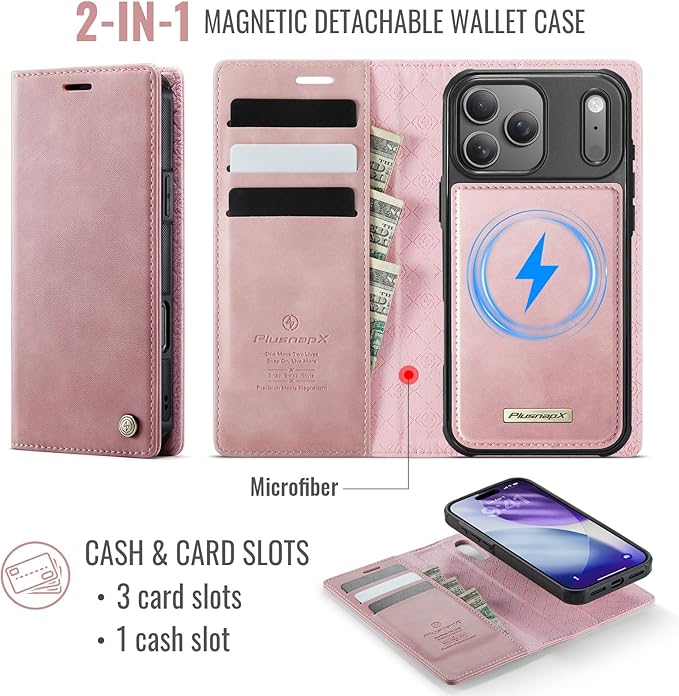 PlusnapX Wallet Case for iPhone 17 Pro Max Compatible with Magsafe, 2-in-1 PU Leather Flip RFID Blocking Card Holder Stand Shockproof Magnetic Detachable Cover for iPhone 17 Pro Max Case 6.9", Pink
