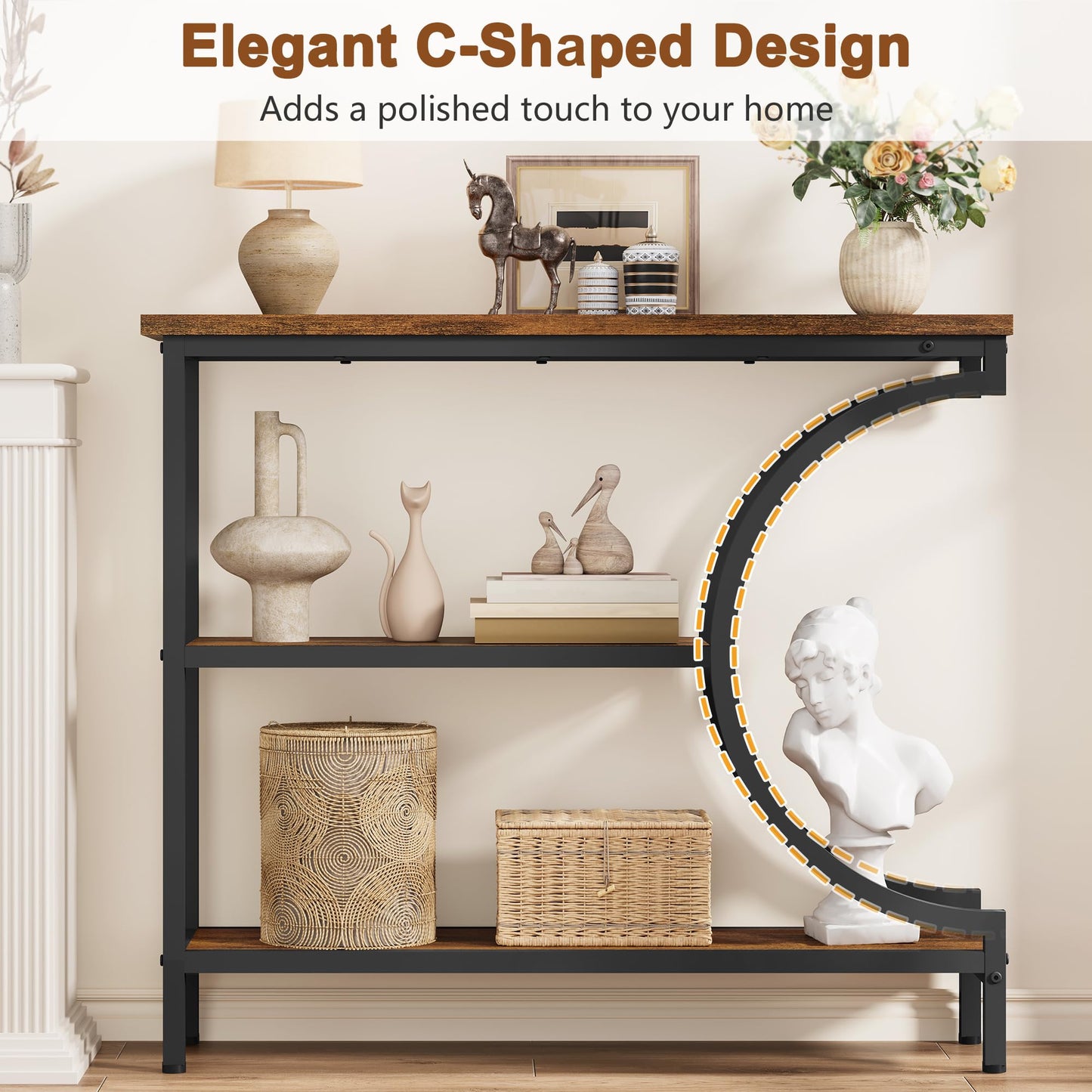 Hoctieon Console Table, 3-Tier Industrial Entryway Table with Storage, Hallway Tables, Narrow Entrance Sofa Tables, C-Shaped Metal Frame, Accent Tables with Shelves for Living Room, Rustic Brown