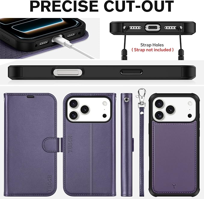 TUCCH 2-in-1 Removable Wallet Case for iPhone 17 Pro Max (6.9") 2025, Wireless Charging | RFID Blocking 4 Card Holders | Wrist Strap | Kickstand | Magnetic | PU Leather Protective Cover | Deep Purple