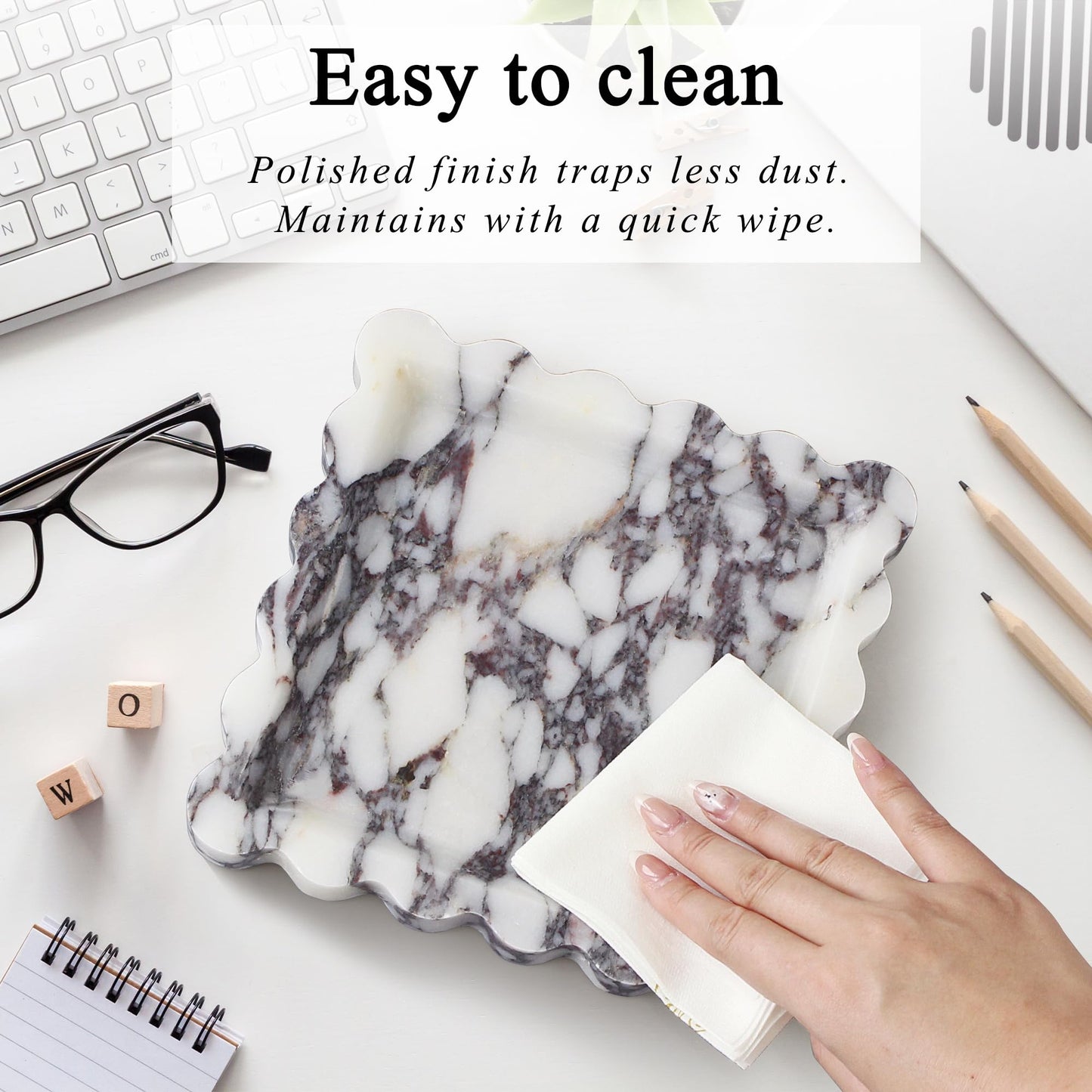 Square Marble Vanity Tray with Scalloped Edge - Natural Marble Perfume Tray Decor for Dresser, Vanity, Kitchen, Home Decor, Decorative Square Stone Tray - Calacatta Viola 8 * 8 inch