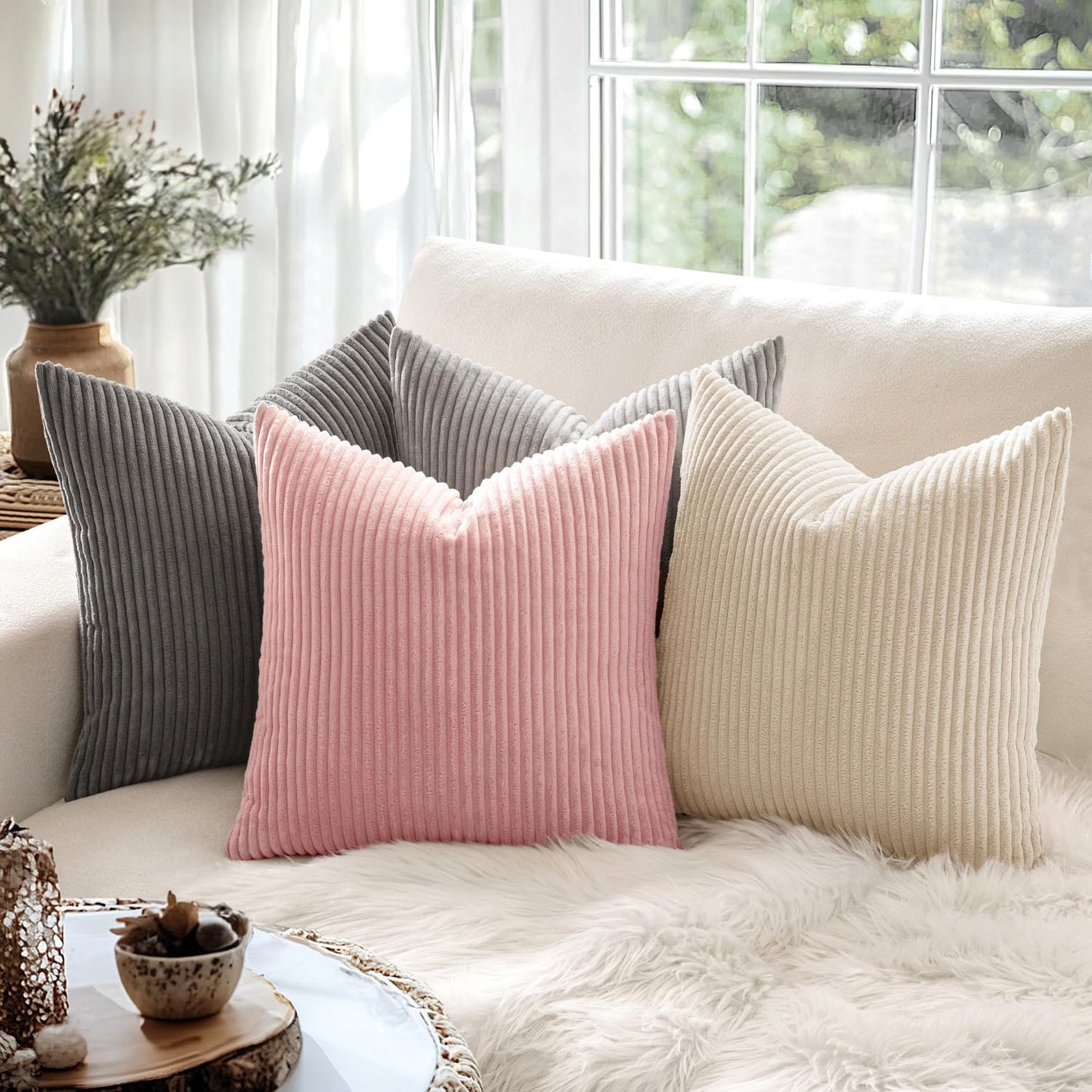 MIULEE Decorative Corduroy Pillow Covers Soft Solid Pack of 2 Cushion Cases Boho Square Throw Pillow Covers Pink Cute Pillowcases for Couch Chair Sofa Bed Living Room Home Decor 18 x 18 Inch