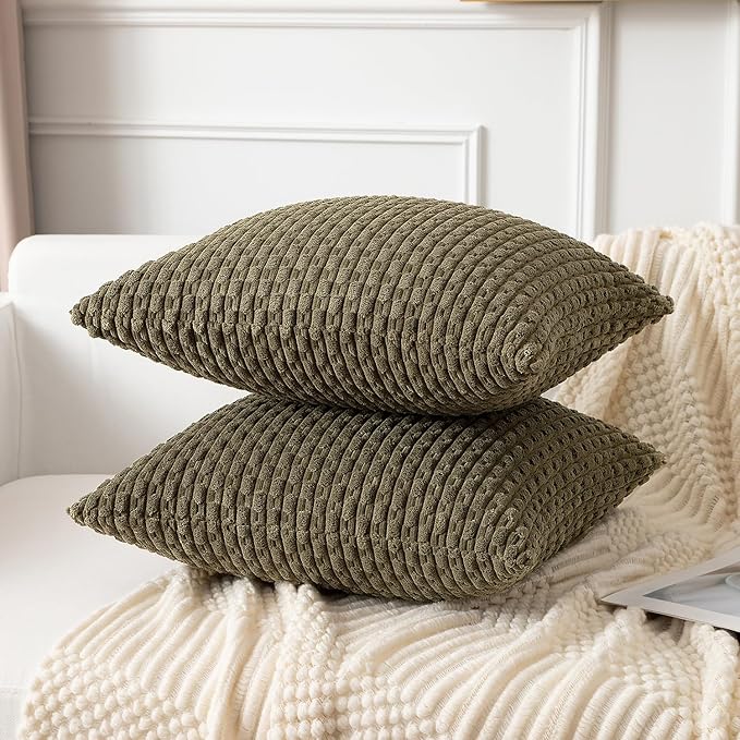 Kevin Textile Pack of 2 Corduroy Decorative Throw Pillow Covers 22x22 Inch Soft Boho Striped Pillow Covers Modern Farmhouse Home Decor for Spring Sofa Living Room Couch Bed Olive Green