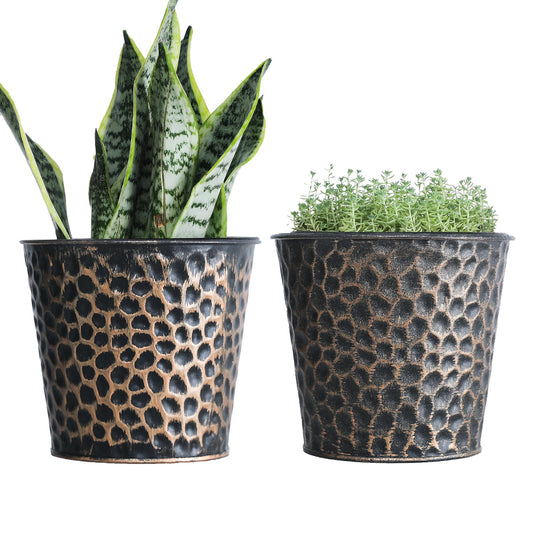 UltiTeque 6in Metal Copper Planter Set of 2, Hammered Plant Pots 6" H×7" W, Built-in Tray & Inner Pots, Use as Vase/Candle Holder/Christmas Decor, Includes Pebbles, for Indoor/Outdoor Plants