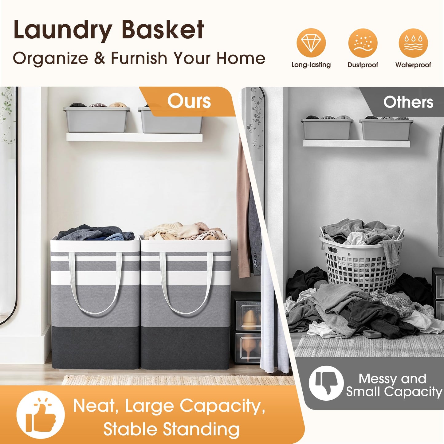 HomeHacks 2 Pack Large Laundry Baskets, Waterproof, Freestanding Laundry Hampers, Collapsible Clothes Hamper with Reinforced Handles in Laundry Room, College Dorm, Bathroom, Bedroom (Grey, 75Lx2)