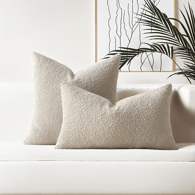 HAUSSY Set of 2 24x24 Decorative Throw Pillow Covers, Soft Cozy European Pillow Shams Textured Boucle, Home Decor for Couch Bed Living Room, Beige