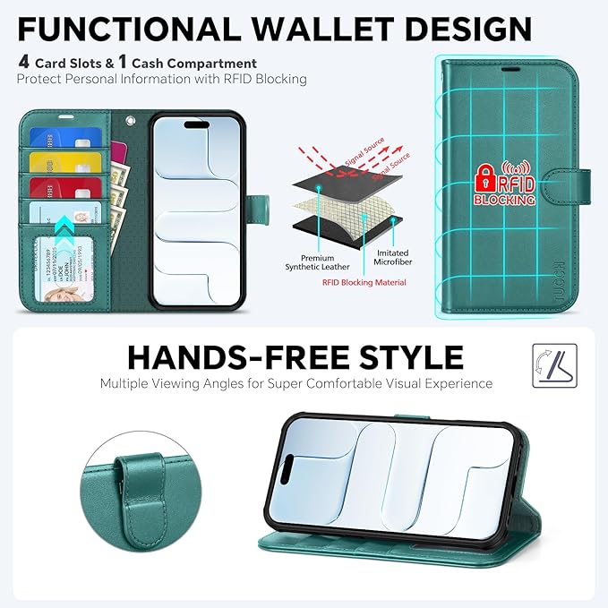 TUCCH 2-in-1 Removable Case Wallet for iPhone Air (6.5") 2025, Detachable Wrist Strap, 4 Card Holders RFID Blocking, Wireless Charging, Stand, Magnetic, PU Leather Shockproof Cover, Bluish Green