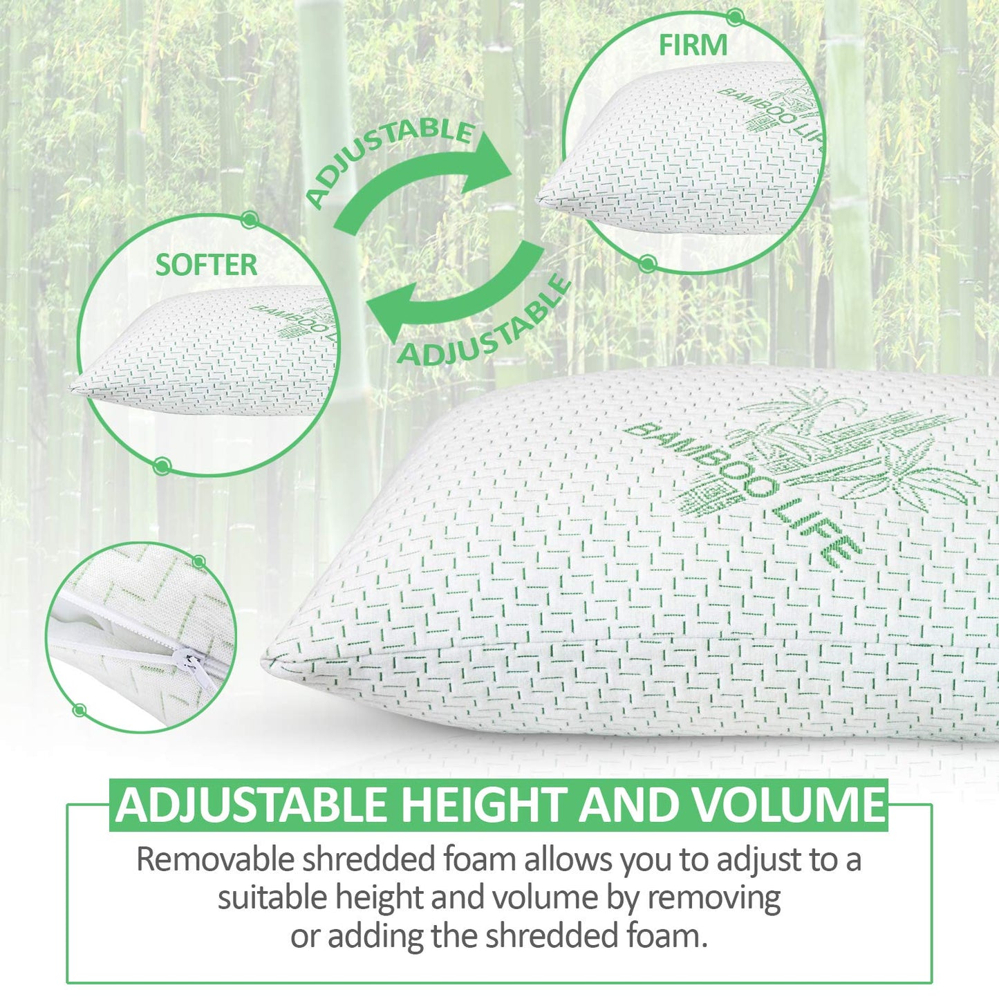 Elif Queen Size Pillows for Sleeping, Set of 2 – Cooling Shredded Memory Foam Pillow with Removable Cover for Back, Stomach & Side Sleepers, Rayon Derived from Bamboo, Queen (2 Pack)