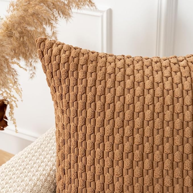 Kevin Textile Throw Pillow Covers Soft Corduroy Decorative Set of 2 Boho Striped Pillow Covers Pillowcases Farmhouse Home Decor for Couch Bed Sofa Living Room 24x24 Inch Khaki