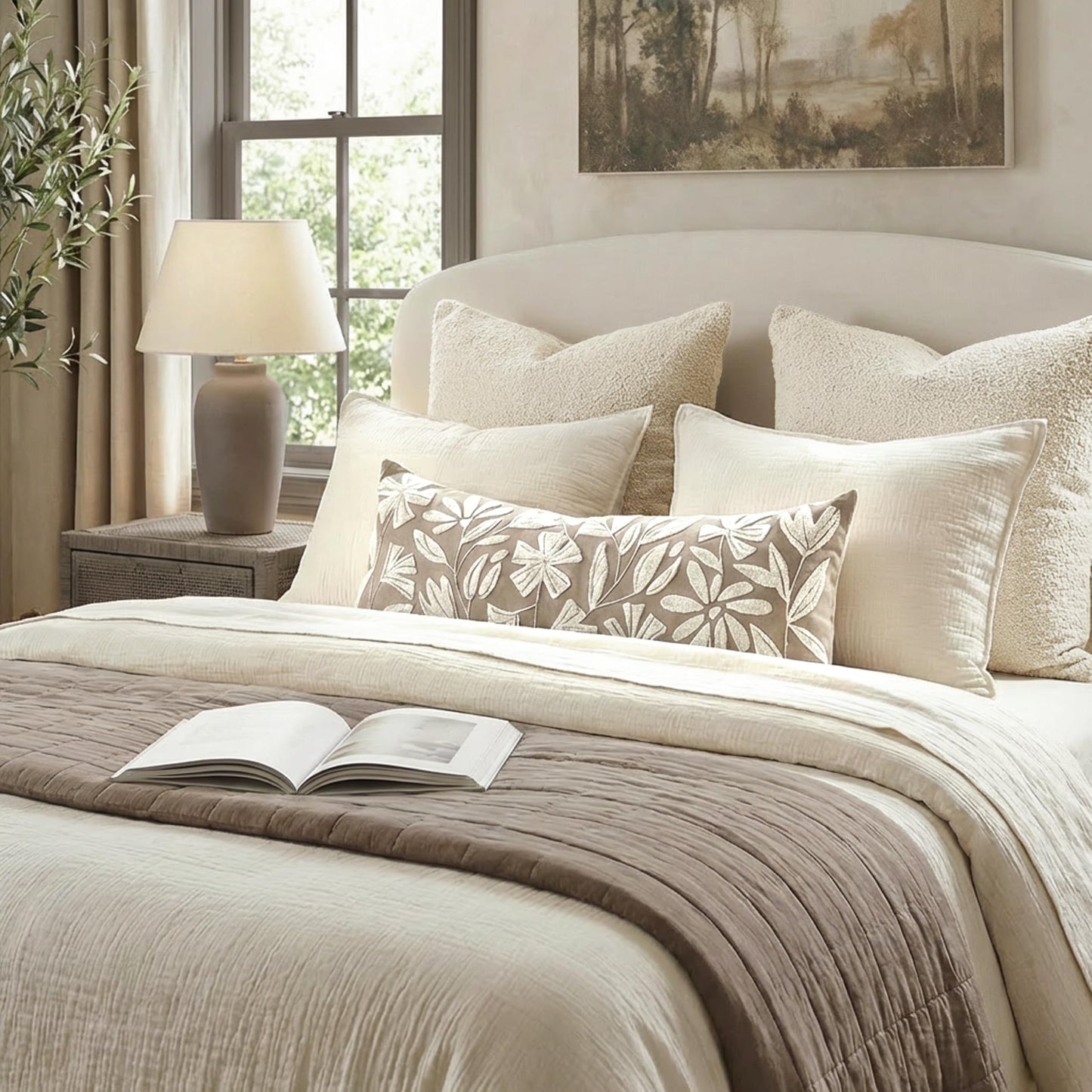 BlissBlush 14x36 Lumbar Pillow Cover for Bed, Taupe Rectangular Long Throw Pillowcase, Embroidered Velvet Floral Tufted Farmhouse Accent Cushion (Cover Only)