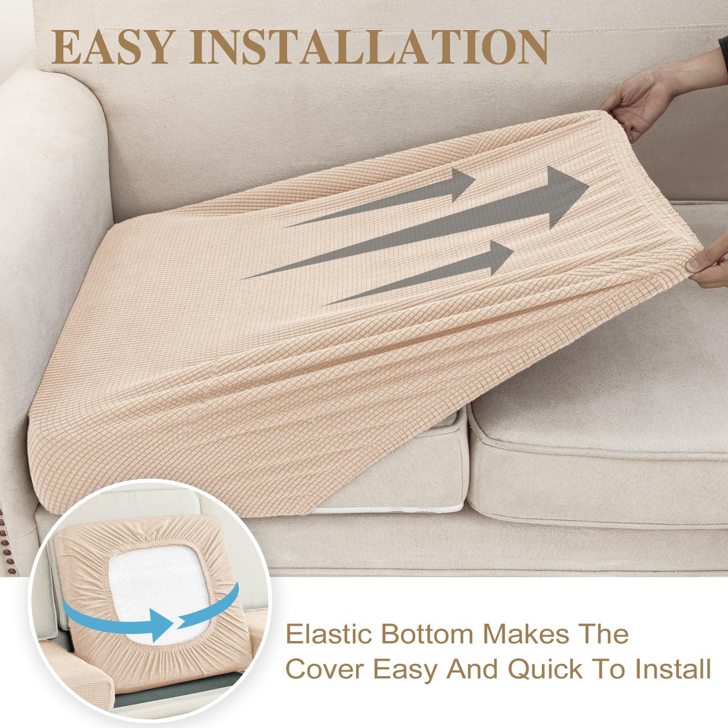 LA MEACK Couch Cushion Covers for Sectional Sofa L Shape Washable Separate Seat Chaise Couch Cover Stretch Sofa Slipcovers with 2 Pcs Pillowcases(2 Seater + 1 Chaise, Natural)