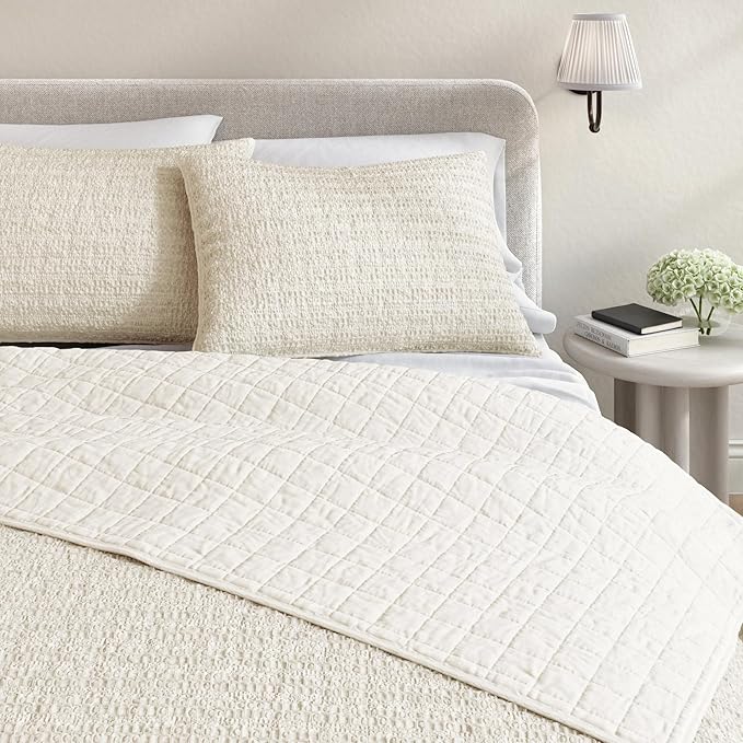 Great Bay Home King Size Taupe 100% Cotton Honeycomb Waffle Quilt and Sham Set - Garment Washed, Waffle Weave Like Texture, Lightweight 3-Piece Bedding Set (Natural)