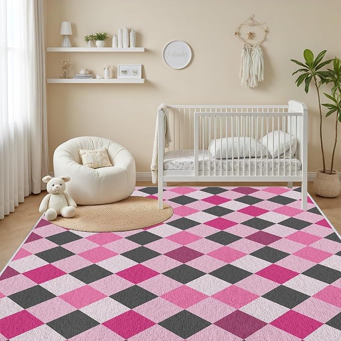 Diamond Checkered Rug 5x6, Soft Ultra Soft Faux Wool Abstract Geometric Rugs, Indoor Floor Mats Carpet, Non Slip&Non-Shedding Low Pile Washable Rugs, Modern Red Rug for Bedroom