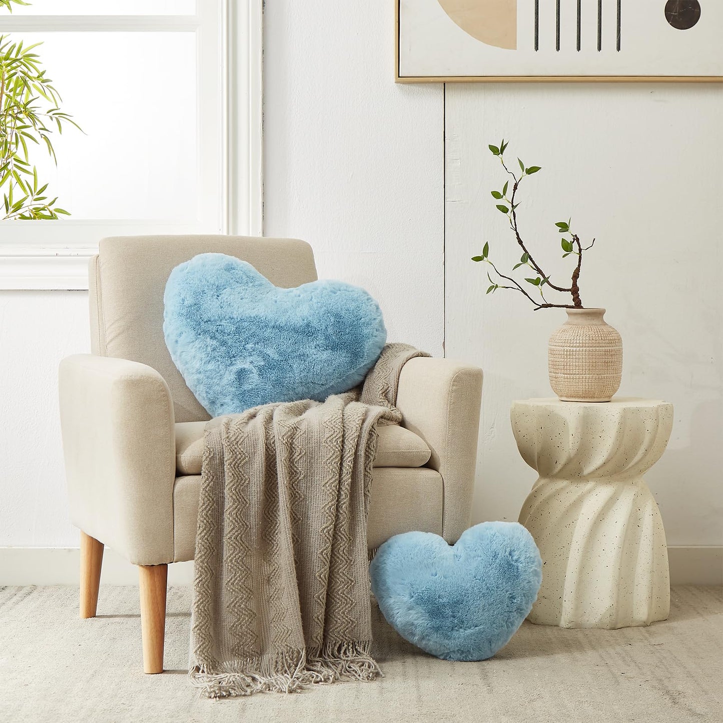 YRXRUS Heart Pillows, Love Heart Shaped Pillow, Small Cute Blue Heart Pillows for Gifts, Faux Rabbit Throw Pillows for Her, Kids, Girls Home Decoration, 10X11 Inch