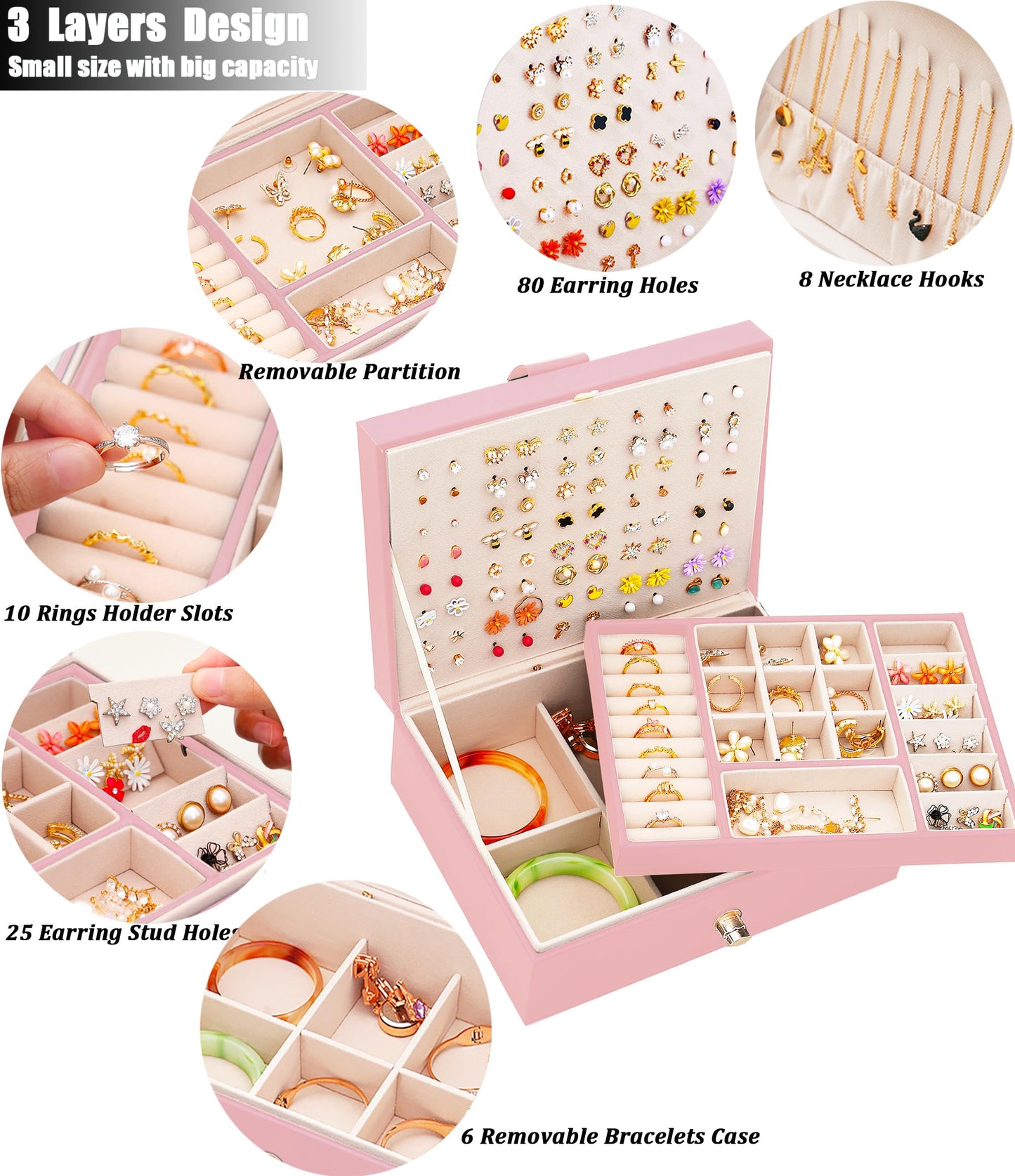QBestry Girls Jewelry Box Earring Holder Organizer for Girls Earring Organizer Teen Jewelry Box Organizer for Girl Pink jewelry Boxes for Earrings Necklaces Rings Stud Earrings Box Organizers Teens