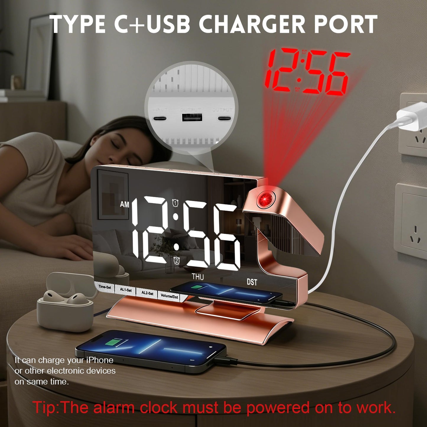 Projection Clock,Alarm Clocks for Bedrooms,7.3"Mirror Bedside Clock with 180°Rotating Projector,6 Brightness Adjust,Dual Alarm with 3 Mode,Date,DST,Charging Port,5 Levels Volume for Home Decor
