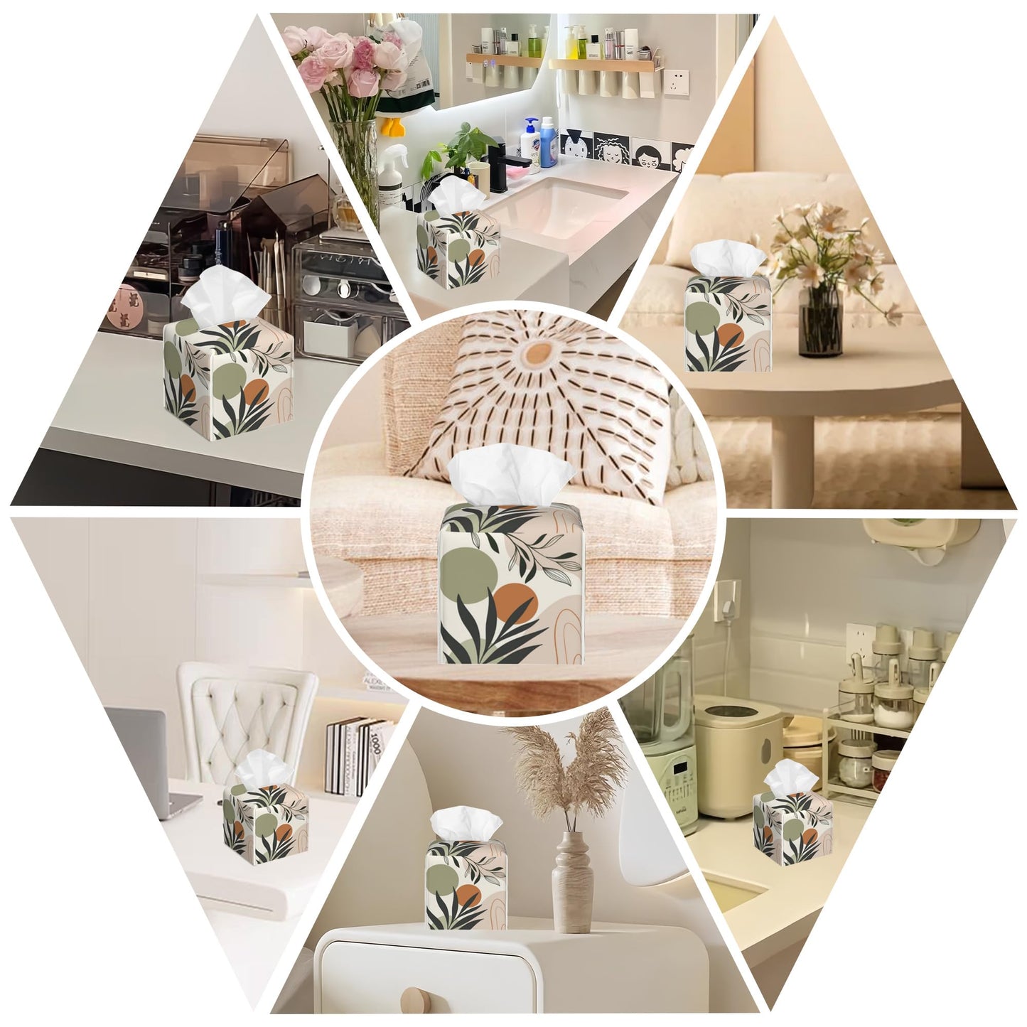 BLYKVGHQ Boho Geometric Art Square Tissue Box Cover Abstract Leaves Tissue Box Holder Facial Cube Paper Dispenser Leather Decorative Organizer Home Office Desk Decor, 5.2"x5.2"x5.2"