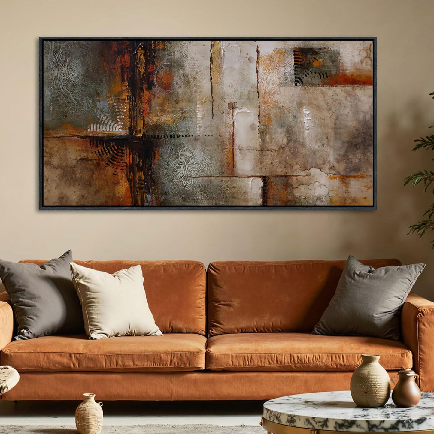 YDYSUNE Large Framed Abstract Wall Art Brown Subtle Textured Canvas Picture & Painting | Ready to Hang Artwork Decor for Living Room, Bedroom Decoration Easy to Hang 24×48 INCHES
