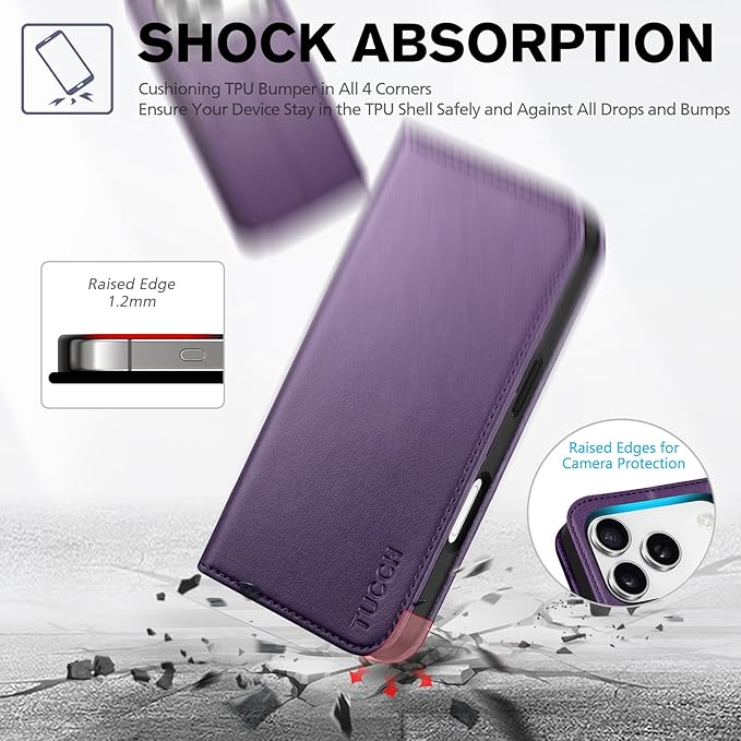 TUCCH Wallet Case for iPhone 17 Pro (6.3") 2025, 3 Credit Card Slot | RFID Blocking | Stand | PU Leather | Protective Flip Folio Cover | Shockproof TPU Interior Shell | Dark Purple