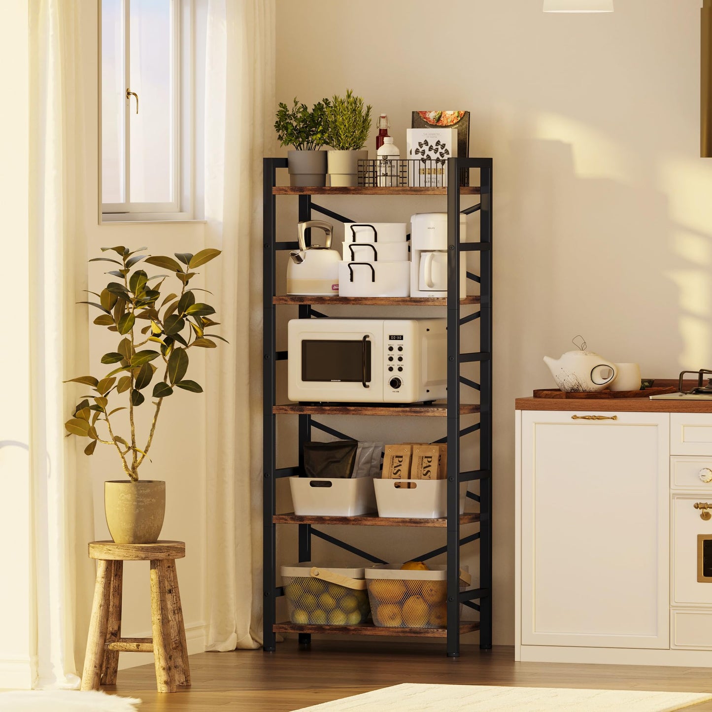 Organization and Storage, 5 Tier Bookshelf, Tall Bookcase with Shelves, Wood and Metal Book Shelf Storage Organizer, Industrial Display Standing Shelf Unit for Bedroom, Living Room, Rustic Brown