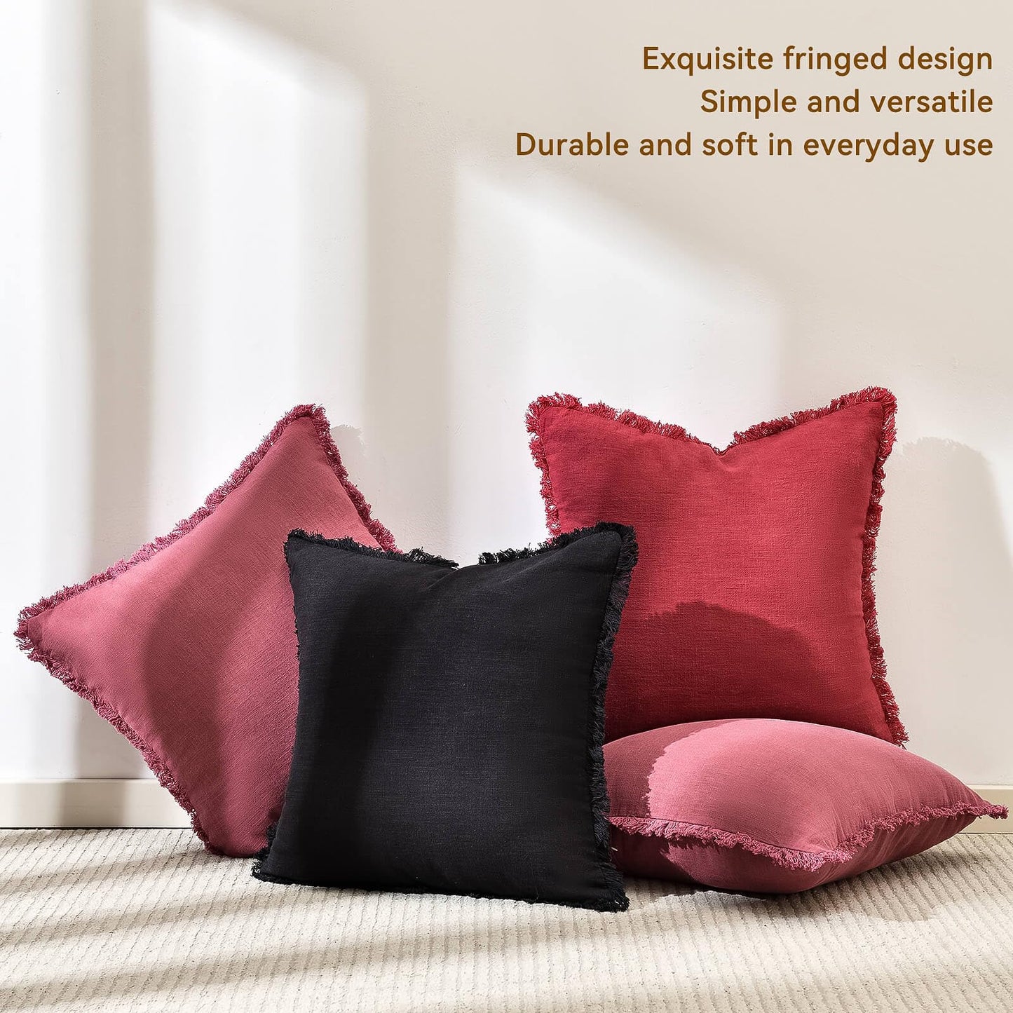 AmHoo Pack of 2 Linen Pillow Covers with Tassels Fringed Decorative Rustic Natural Throw Pillowcase Cushion for Couch Sofa Bedroom 16 x 16-Inch Dusty Rose