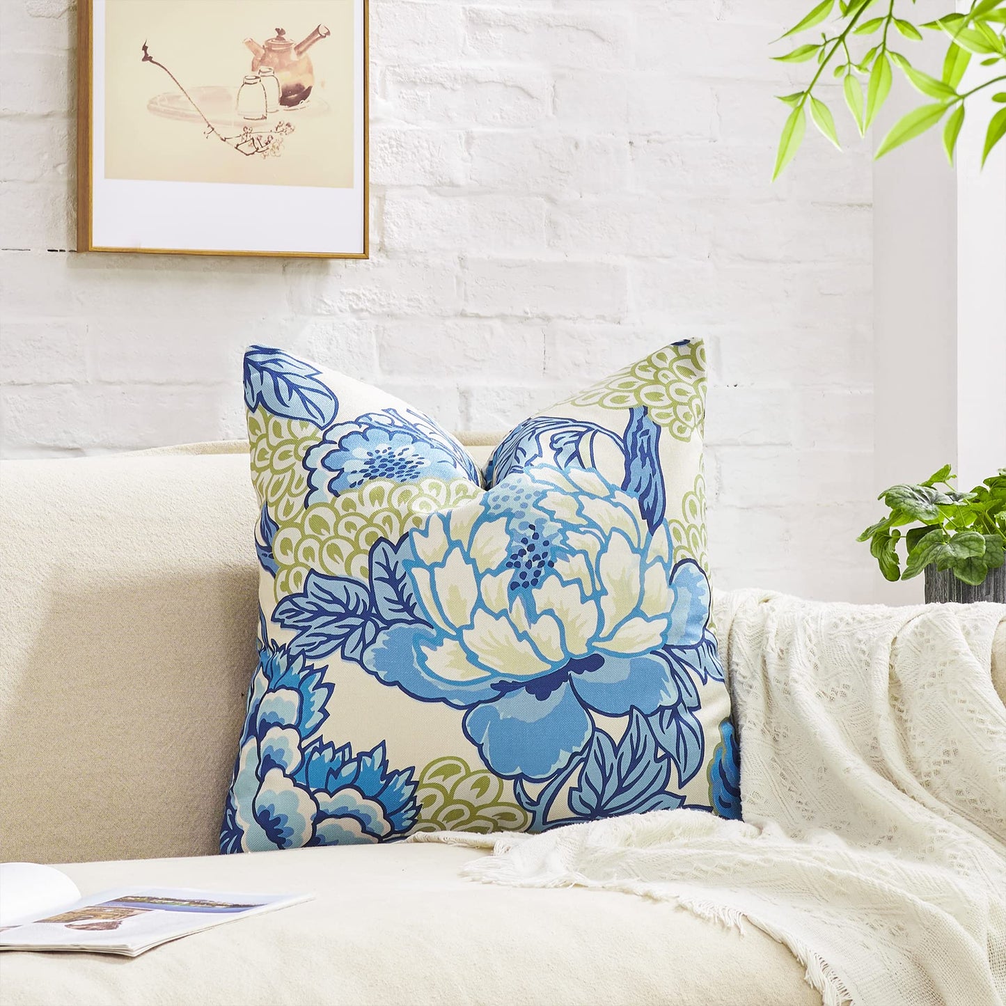 BLESFEST Pack of 2, Chinoiserie Pillow Cover 18 x 18 Inch Peony Floral Pillow Covers Linen Flower Throw Pillow Covers Farmhouse Pillowcase Cushion Covers for Sofa Couch Living Room Blue Beige