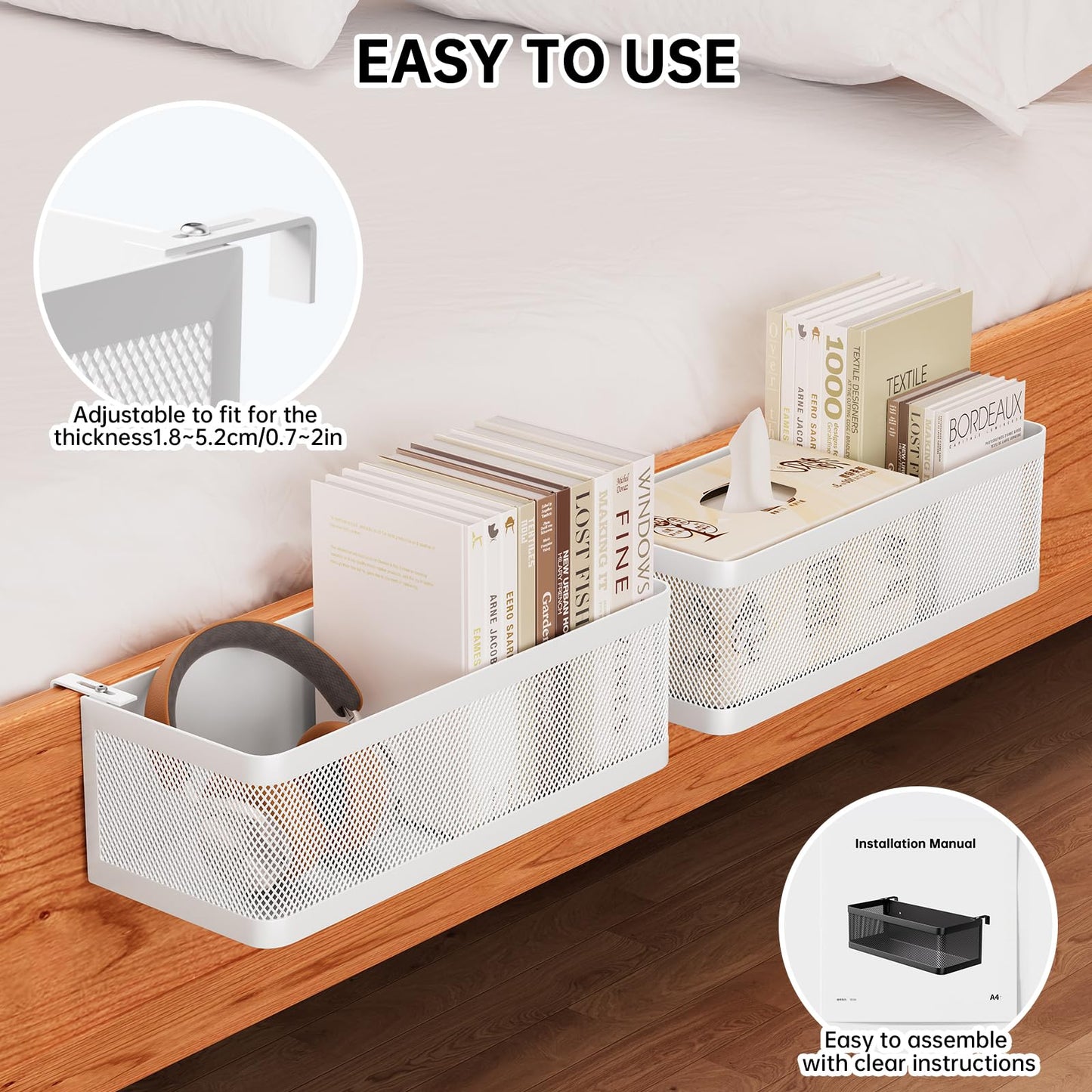 WOCUBEHOME Bedside Caddy Shelf for Bunk Bed & Dorm, Adjustable Bunk Bed Caddy Holder for Top Bunk, Rails, Cribs, Bedside Shelf Organizer for Phone/Books/Drinks (White, L(L11in*W4.9in*H3.93in))