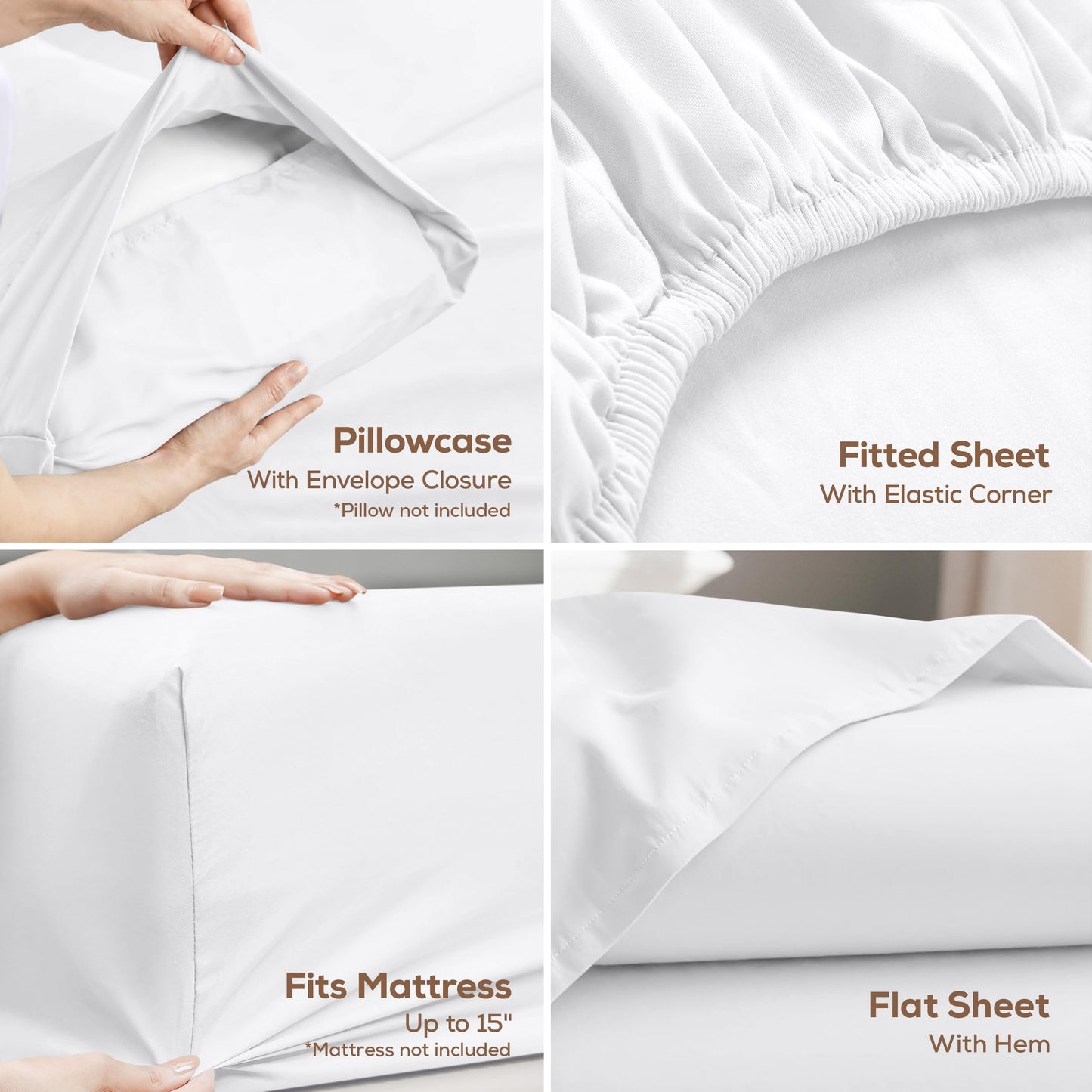 Queen Size Sheet Set – 4 Piece Bed Sheets, Soft and Breathable Microfiber, Includes 1 Fitted Sheet, 1 Flat Sheet and 2 Pillowcases – Oeko Tex (White)