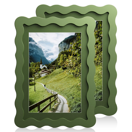 Chrspk 5x7 Wavy Picture Frame With Mat For 4x6, Wavy Edge Wooden Picture Frame with Real Glass - Wall Mount and Tabletop Display, Green, 2 Pack