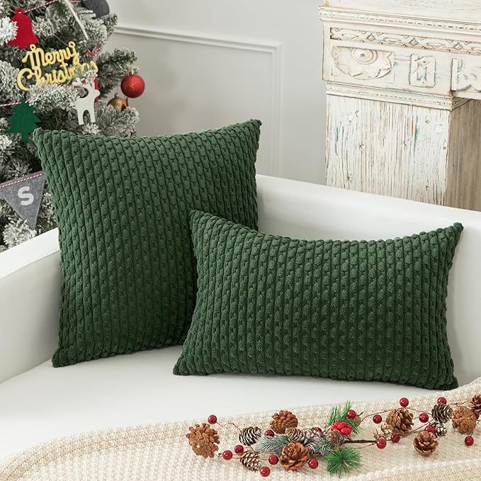 Kevin Textile Christmas Corduroy Decorative Throw Pillow Covers 24x24 Inch Pack of 2 Soft Boho Striped Pillow Covers Modern Farmhouse Home Decor for Spring Sofa Living Room Couch Bed Dark Green