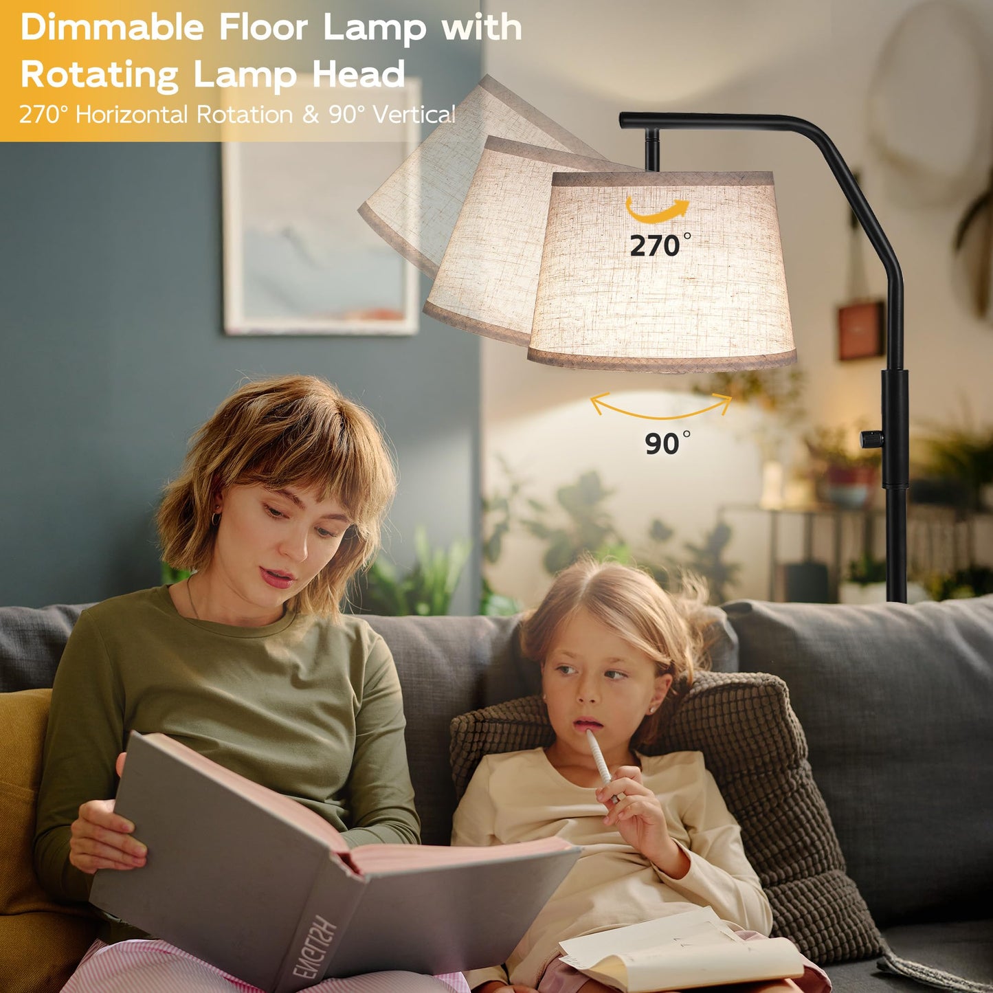 SUNMORY Floor Lamps for Living Room, 9W Bulb Included, Lamp for Bedroom with Adjust Head, Standing Lamp with Rotary Switch, 0-100% Dimmable Floor Lamp for Living Room Bedroom Office Nursery