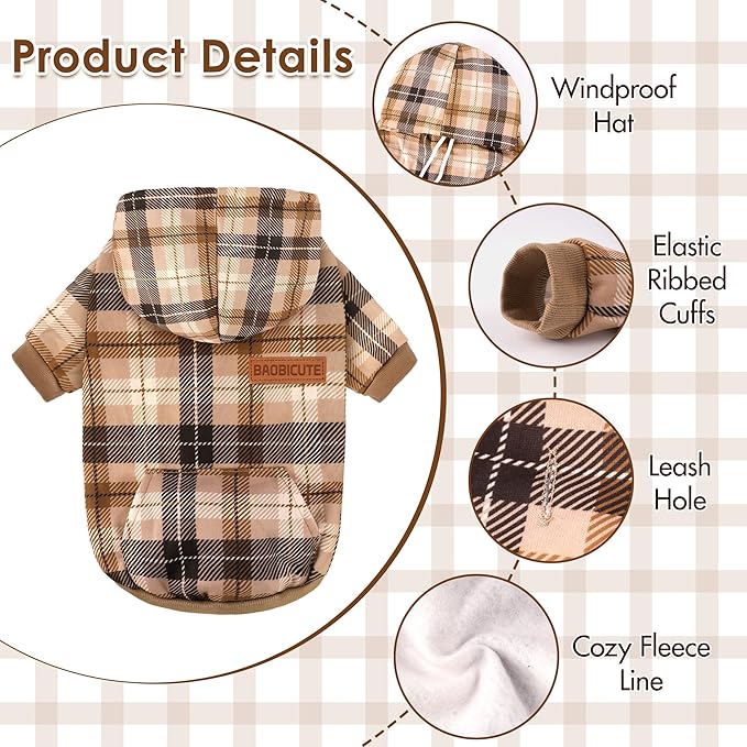 BAOBICUTE Dog Basic Hoodie Soft Dog Clothes Cold Weather Sweaters for Medium Large Dogs Cozy Fabric Warm Sweatshirt with Leash Hole (Khaki Plaid, XS (Back: 10.24",Chest: 14.96", Neck: 11.42"))