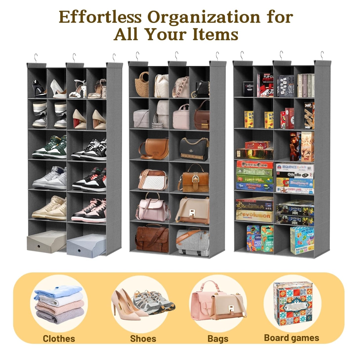 Ofiray-home 6 Tier Hanging Closet Organizer, 16 Compartments Sweater Organizer for Closet with 3 Sturdy Hooks, Closet Organizers and Storage, Wardrobe, Rv, Garment Rack, Grey