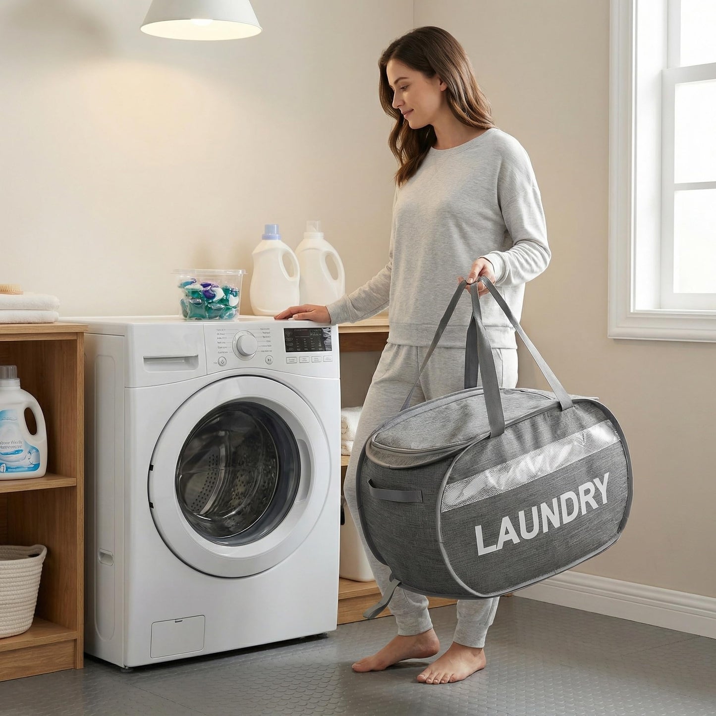 Tsmallbear Foldable Laundry Basket with Zipper Lid, Reinforced Steel Ring Collapsible laundry hamper, 70L RV Storage Bags,Breathable Mesh Dirty clothes hamper with Dual Handles for Home, Dorm,Bedroom