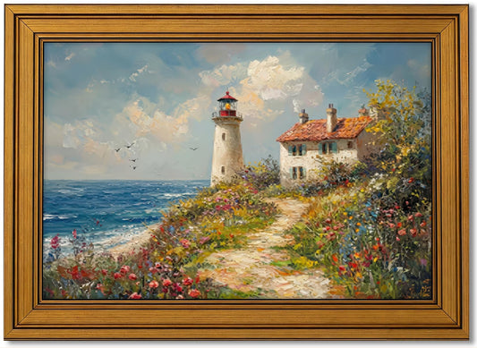 Vintage Gold Framed Island Lighthouse Canvas Wall Art, Colorful Wildflowers Poster Print Artwork, Spring Coastal Landscape Painting Picture Wall Decor, for Living Room, Cabin, Home Decoration, 9x11in