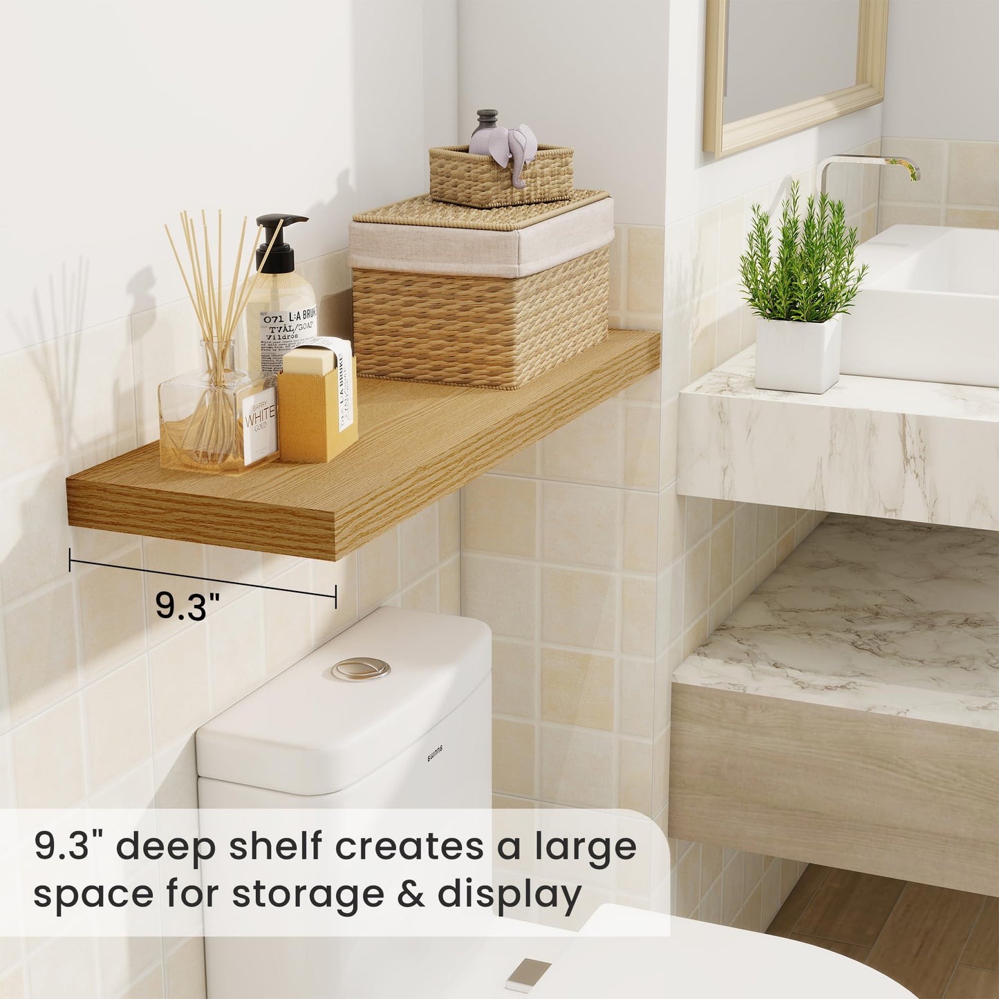 Fun Memories 9.3Inch Deep Floating Shelves for Wall, 30 Inch Rustic Wood Wall Mounted Shelves for Bathroom, Bedroom, Kitchen, Deep Floating Shelf for Storage & Home Decor (Oak, Set of 2)