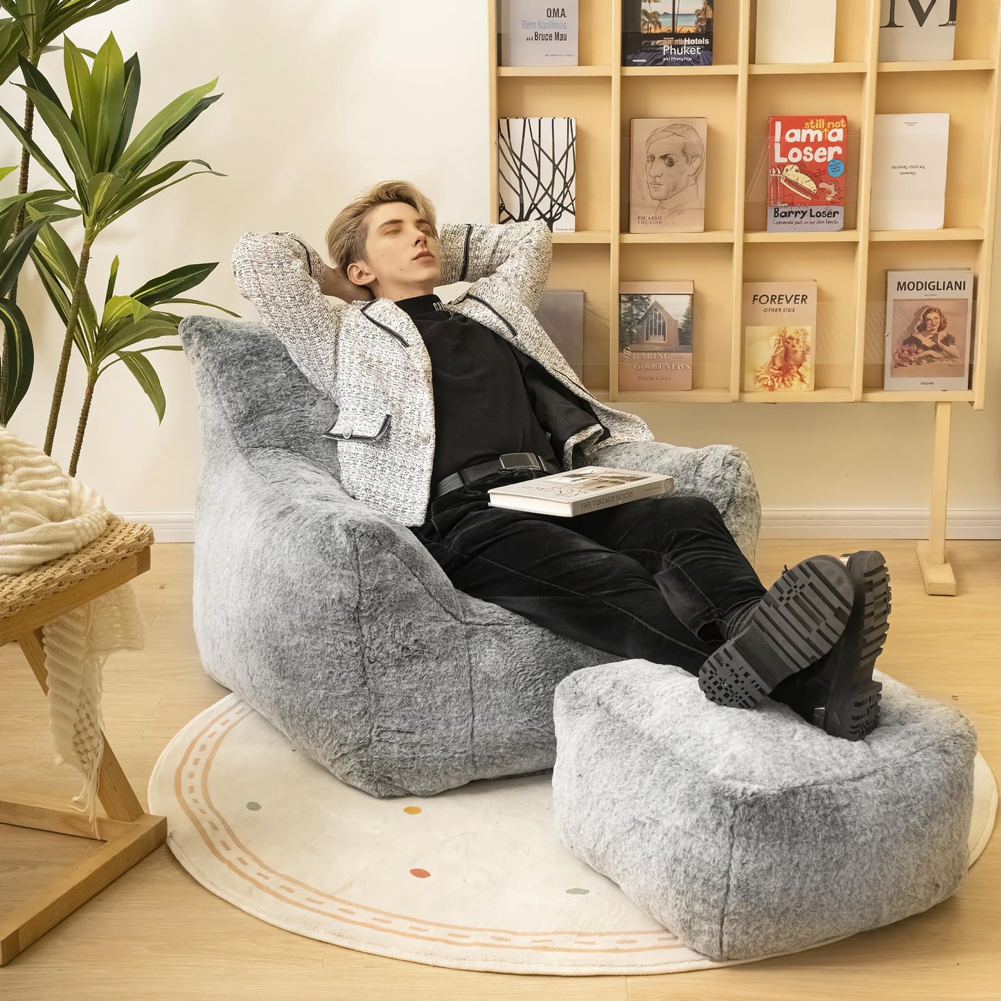 Cvortll Bean Bag Chair with Ottoman, Armrest Bean Bag Chairs with Filler, Ultra Soft Fluffy Faux Fur Bean Bag Chair with Foot Rest, Plush Lazy Sofa with Foot Stool for Living Room, Dorm