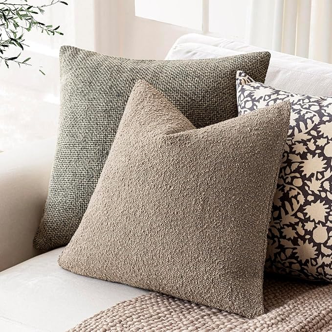 Foindtower Decorative Textured Boucle Throw Pillow Covers Accent Solid Pillow Cases Neutral Soft Cozy Couch Cushion Case for Chair Sofa Bedroom Living Room Home Decor 24x24 Inch,1PC,Light Khaki Tan